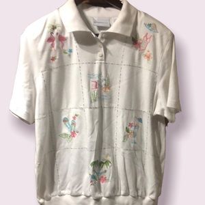 🛍Alfred Dunner white Tee‎ with gathered waist. Coastal Embroidery